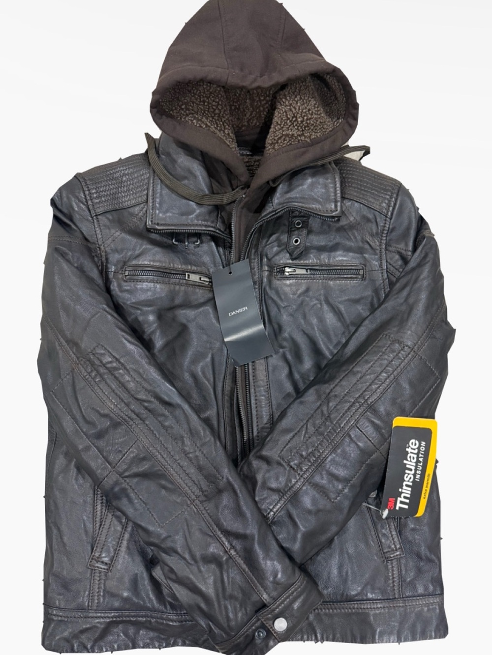 Danier Dark Brown Faux Leather Hooded Performance Jacket with Sherpa Lining